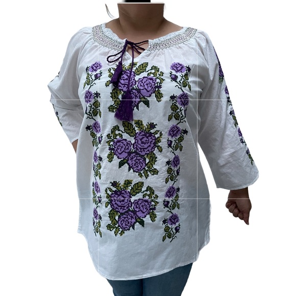 Women's White embroidered cotton blouse bohemian top summer Tunic (L) NWT - Picture 1 of 6